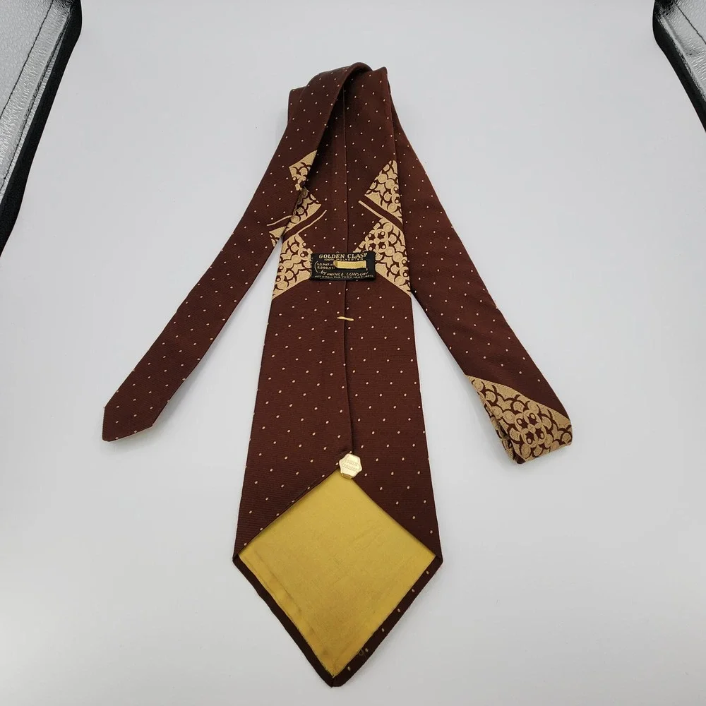 Vintage Golden‎ Clasp By Prince Consort Tie Brown Eagle Dot Polyester Fabric 57